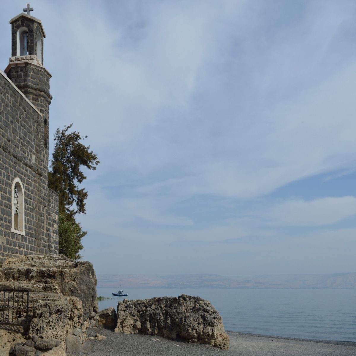 Church of the Primacy of Saint Peter by the Sea of Galilee in Israel's serene landscape.