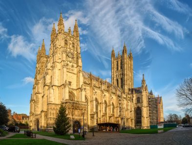 Canterbury cathedral in sunset rays, England